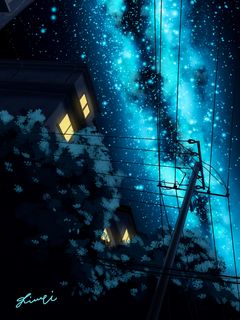 Download wallpaper 240x320 starry sky, night, art, pillar, wires ...