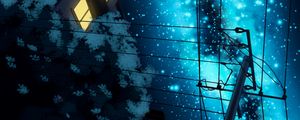 Preview wallpaper starry sky, night, art, pillar, wires, buildings