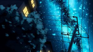 Preview wallpaper starry sky, night, art, pillar, wires, buildings