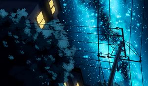 Preview wallpaper starry sky, night, art, pillar, wires, buildings