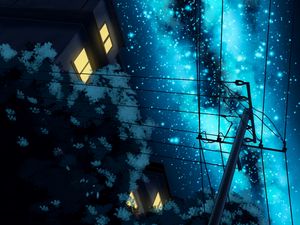 Preview wallpaper starry sky, night, art, pillar, wires, buildings