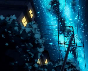 Preview wallpaper starry sky, night, art, pillar, wires, buildings