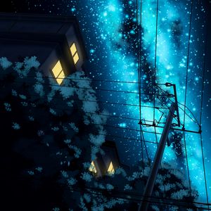 Preview wallpaper starry sky, night, art, pillar, wires, buildings