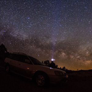 Preview wallpaper starry sky, night, car, glitter