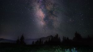 Preview wallpaper starry sky, night, mountains, grass, milky way