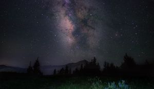 Preview wallpaper starry sky, night, mountains, grass, milky way