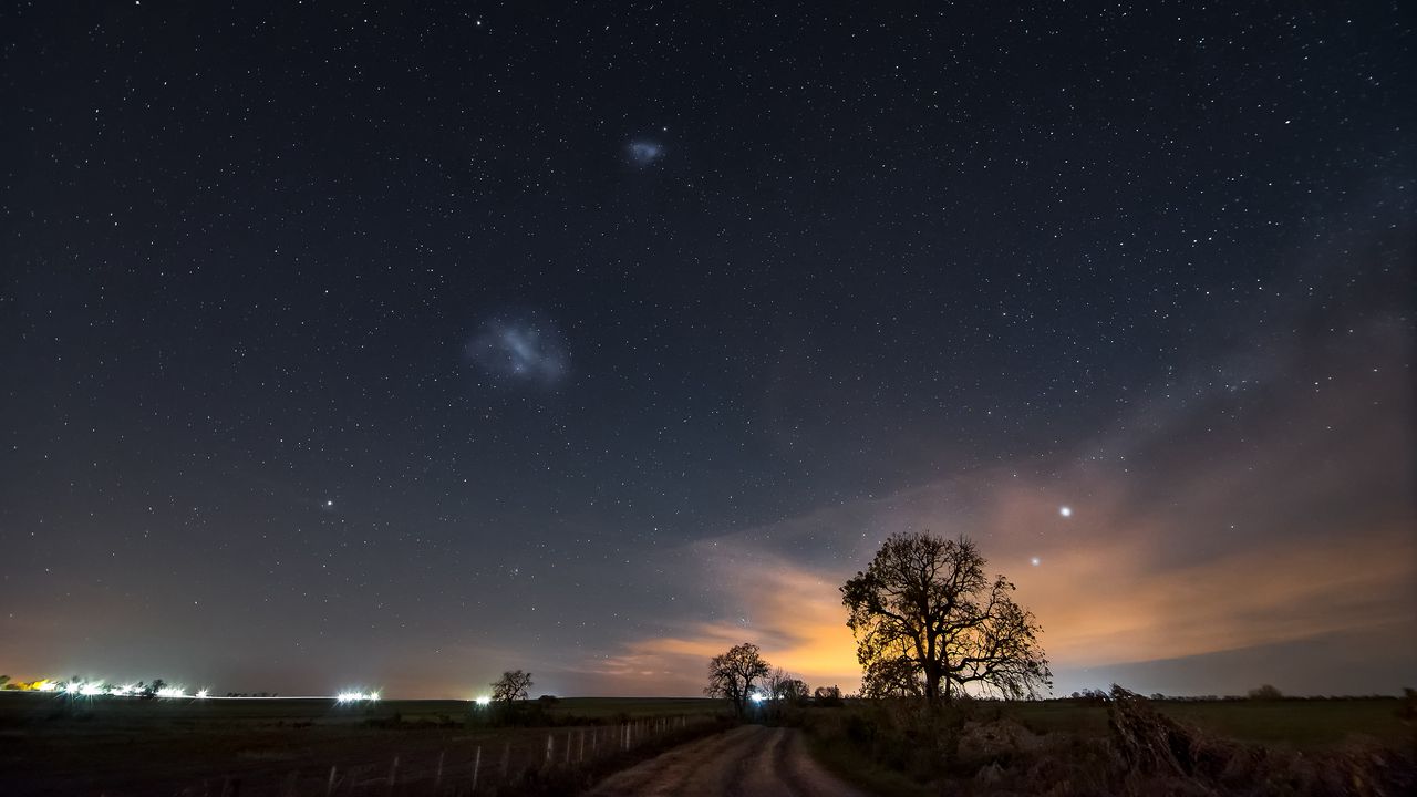 Wallpaper starry sky, night, path, field