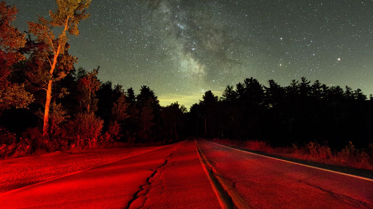 Wallpaper starry sky, night, road, light, trees