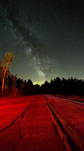 Preview wallpaper starry sky, night, road, light, trees