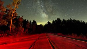 Preview wallpaper starry sky, night, road, light, trees