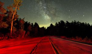 Preview wallpaper starry sky, night, road, light, trees