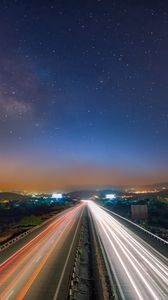 Preview wallpaper starry sky, night, road, traffic