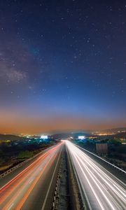 Preview wallpaper starry sky, night, road, traffic