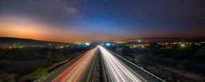 Preview wallpaper starry sky, night, road, traffic