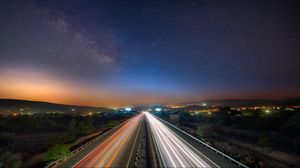 Preview wallpaper starry sky, night, road, traffic