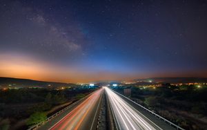 Preview wallpaper starry sky, night, road, traffic