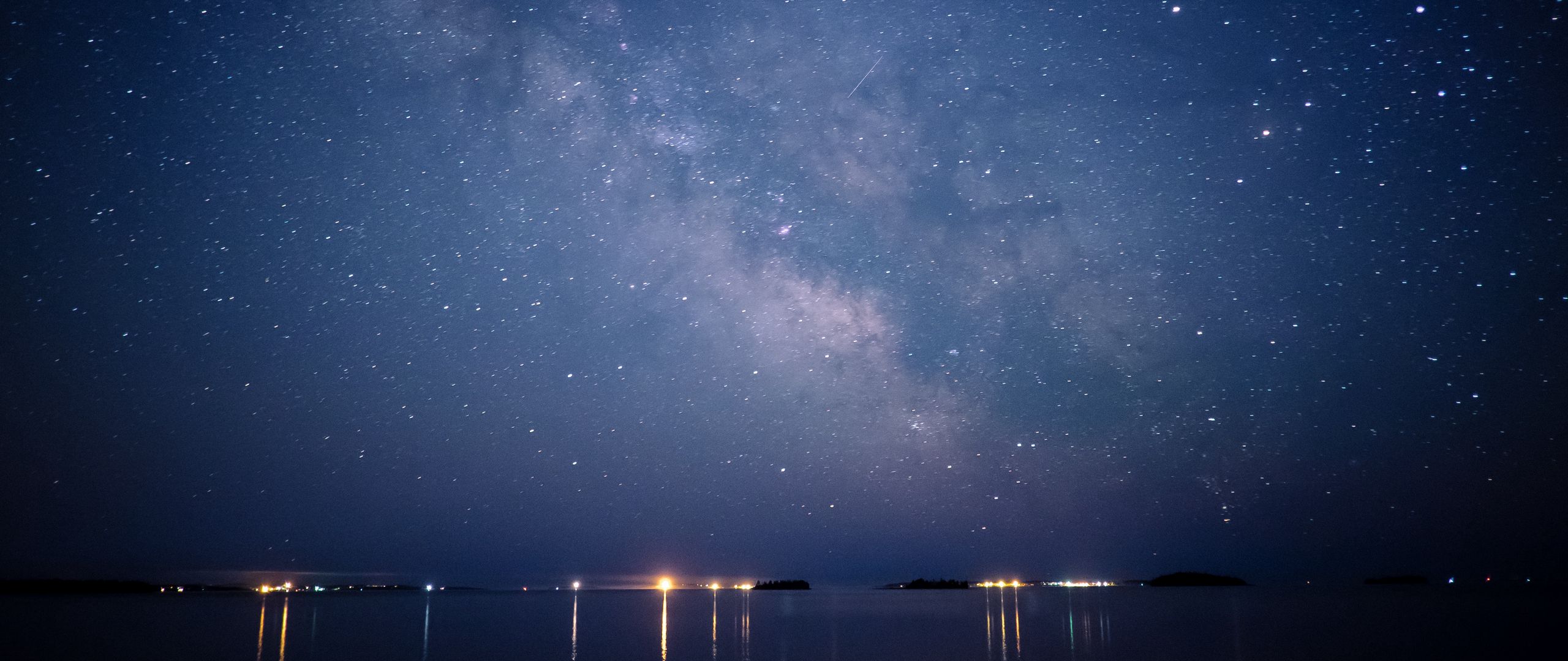 Download wallpaper 2560x1080 starry sky, night, shore dual wide 1080p