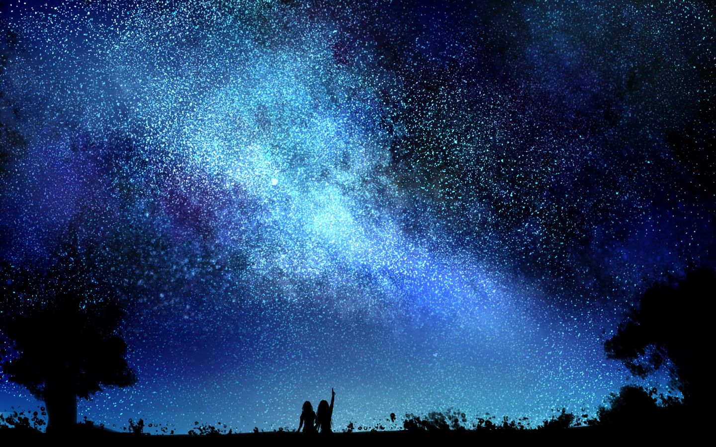 Download wallpaper 1440x900 starry sky, night, silhouettes, dark, art ...