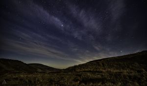 Preview wallpaper starry sky, night, starry landscape, radiance, hills