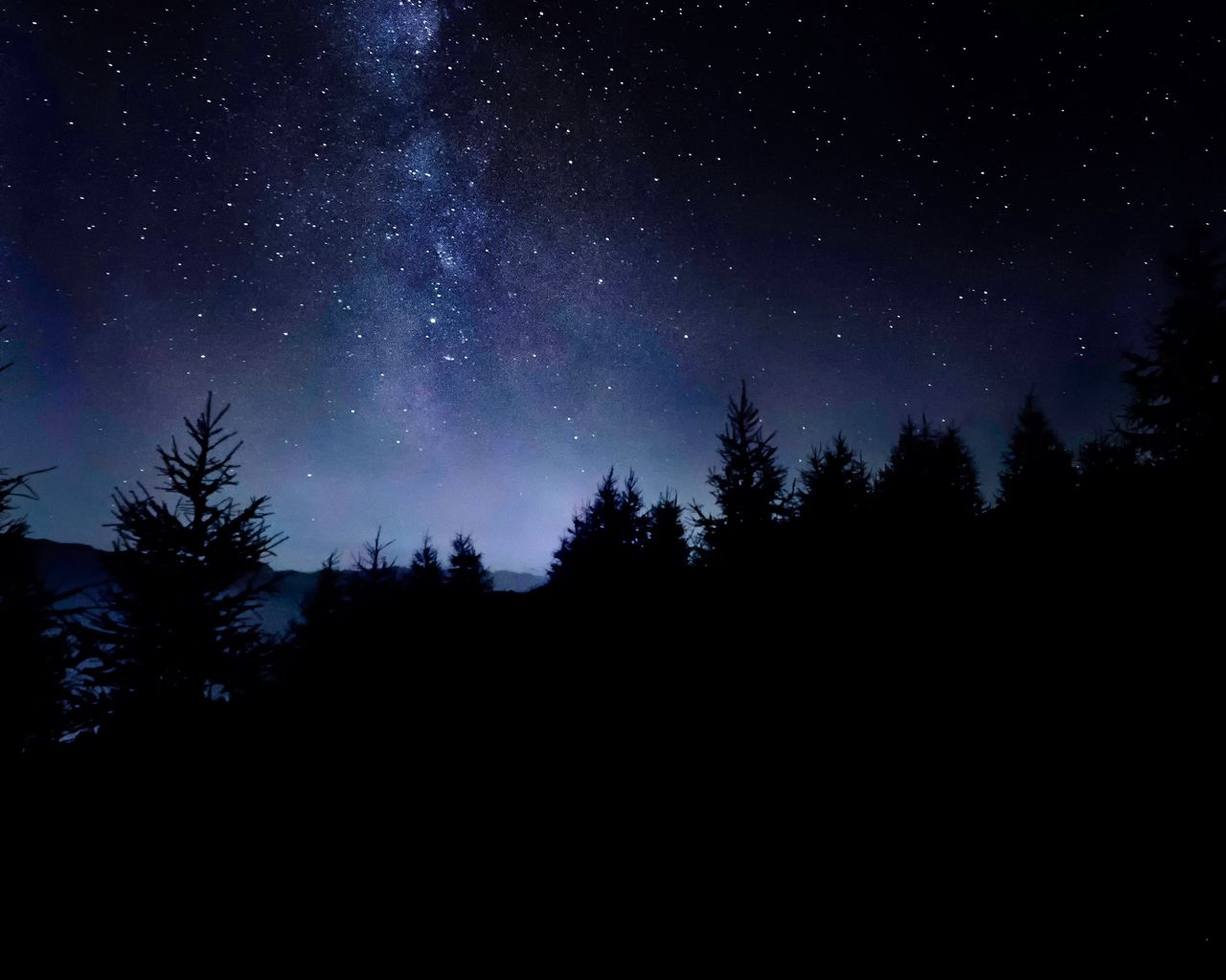 Download Wallpaper 1280X1024 Starry Sky, Night, Stars, Trees, Dark
