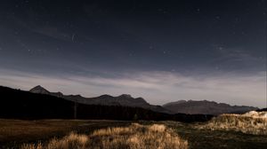 Preview wallpaper starry sky, night, stars, grass, mountains