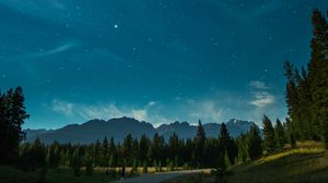 Preview wallpaper starry sky, night, trees, mountains