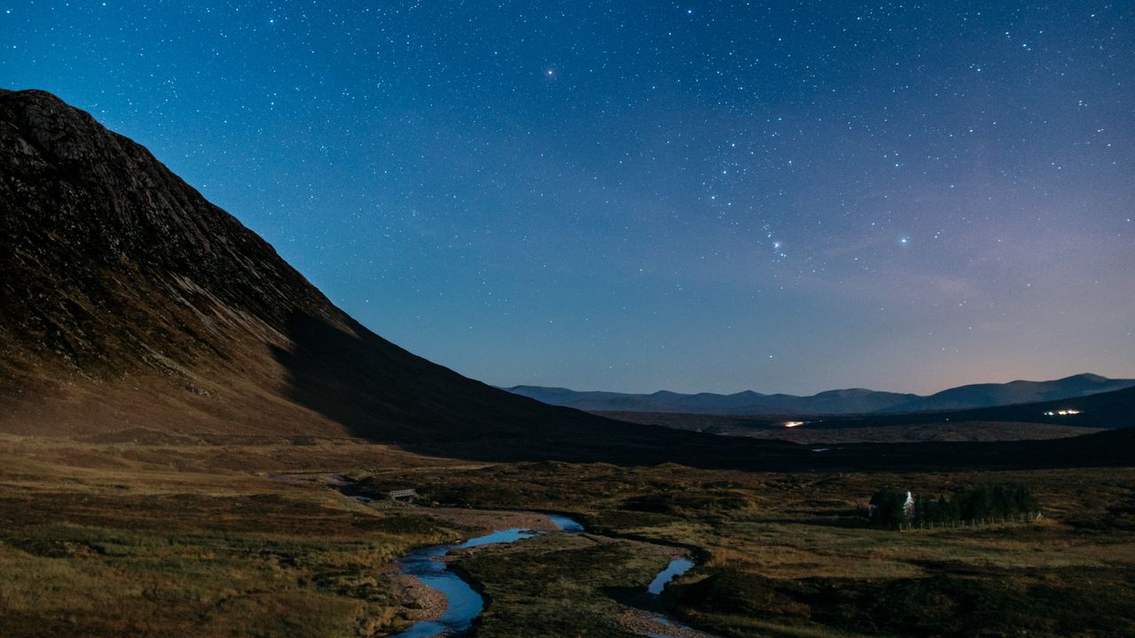 Wallpaper starry sky, river, hills, sky