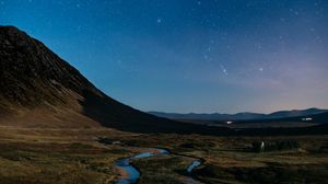 Preview wallpaper starry sky, river, hills, sky