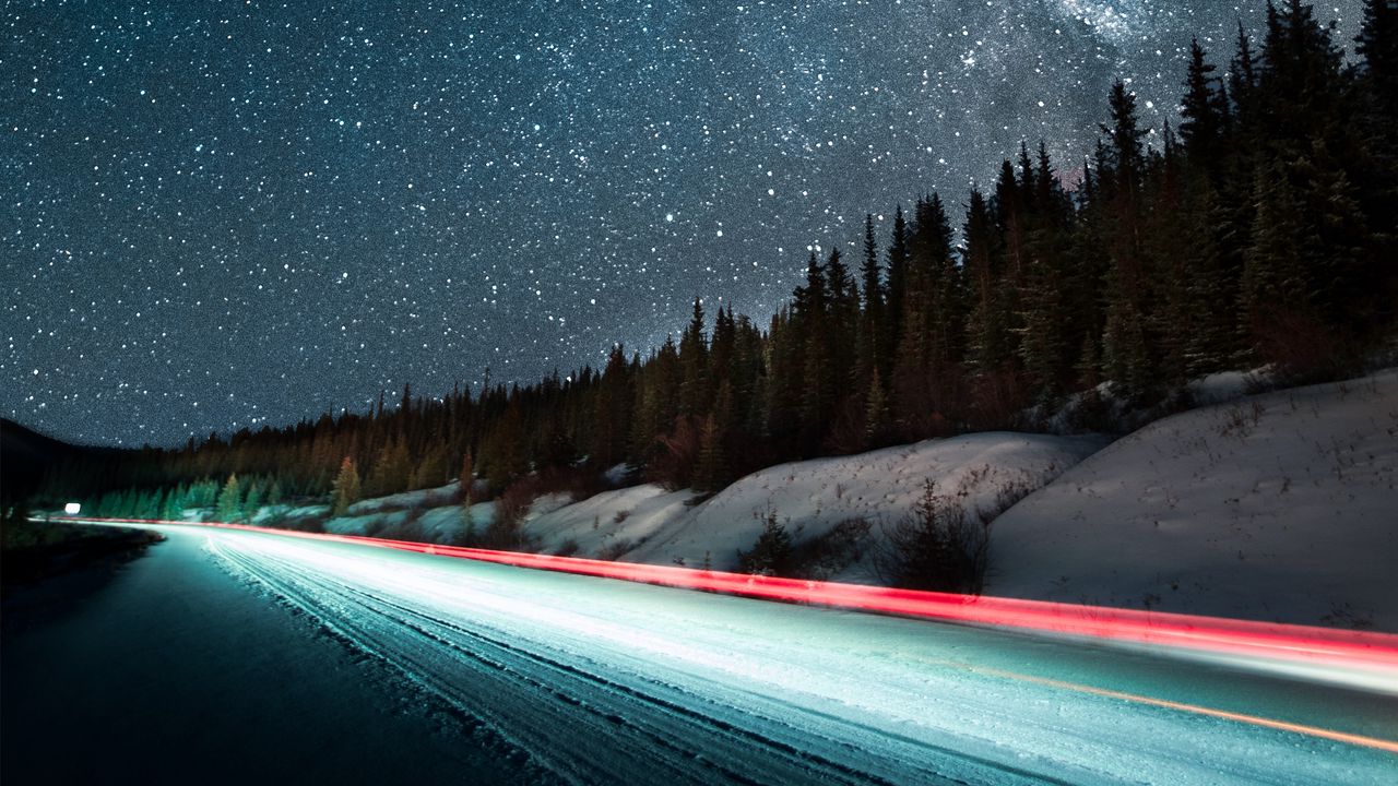 Wallpaper starry sky, road, night, stars, long exposure