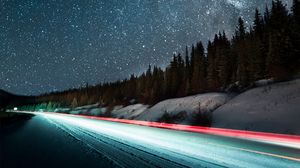 Preview wallpaper starry sky, road, night, stars, long exposure