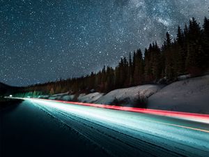 Preview wallpaper starry sky, road, night, stars, long exposure