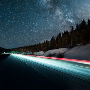 Preview wallpaper starry sky, road, night, stars, long exposure