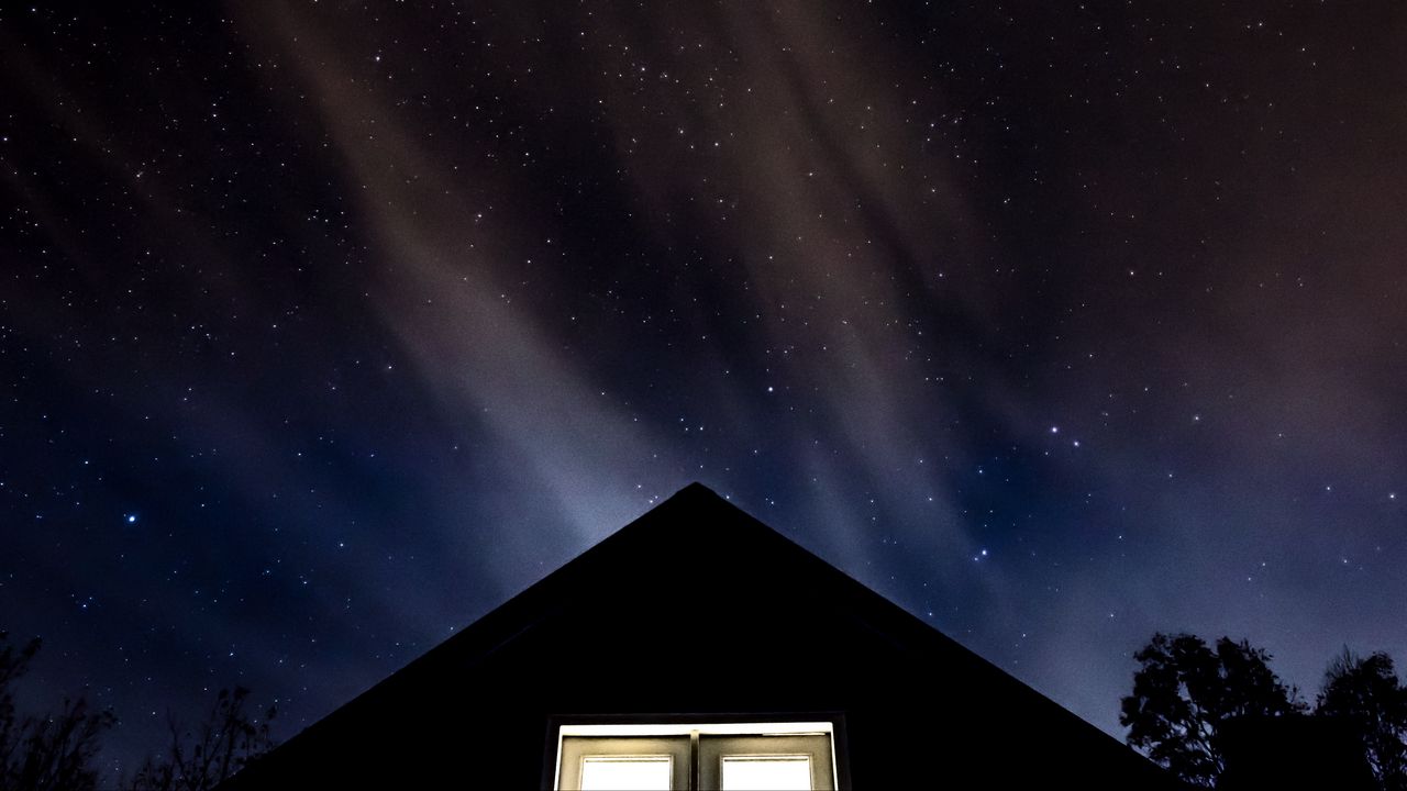 Wallpaper starry sky, roof, night, window