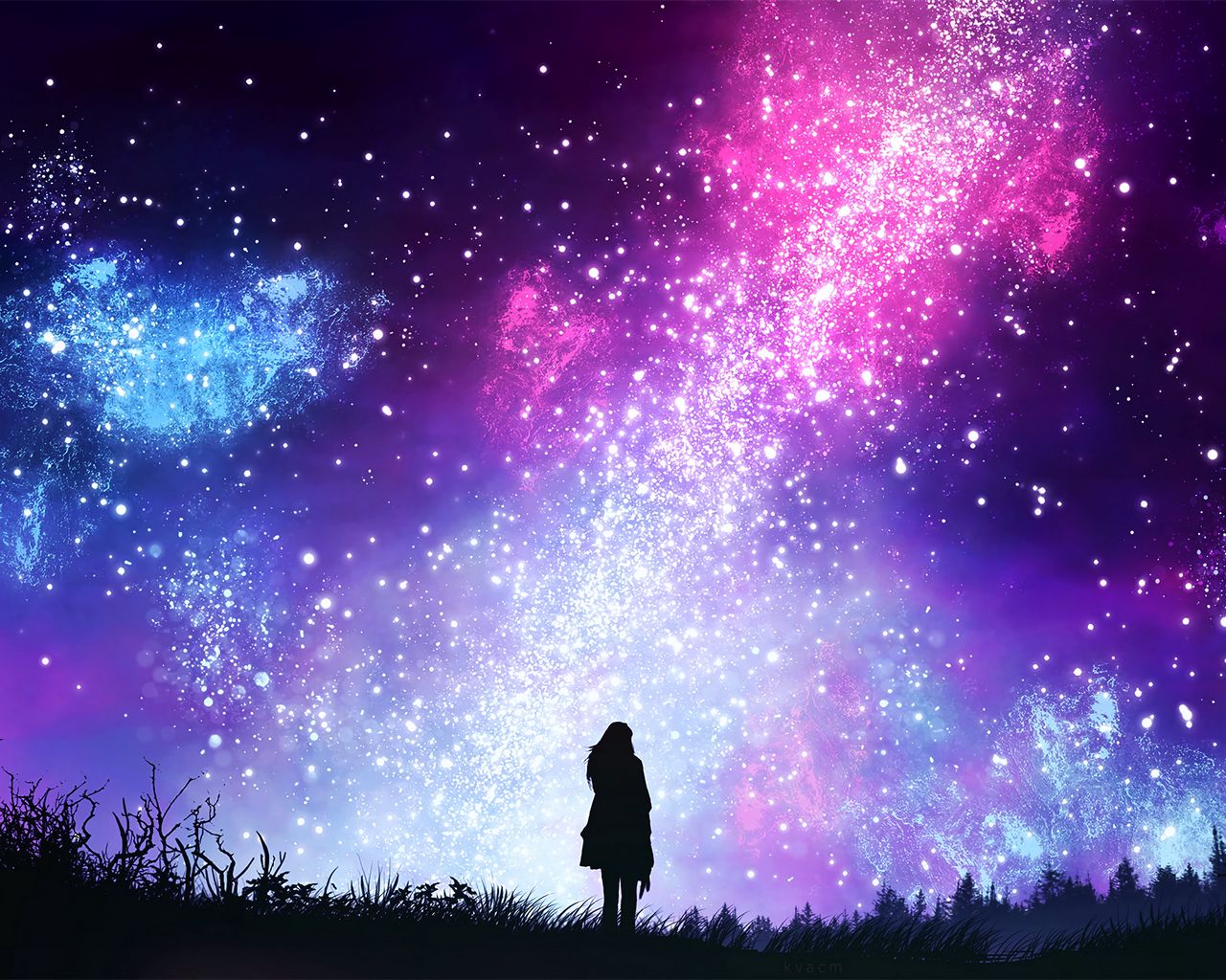 Download wallpaper 1280x1024 starry sky, silhouette, art, shine ...