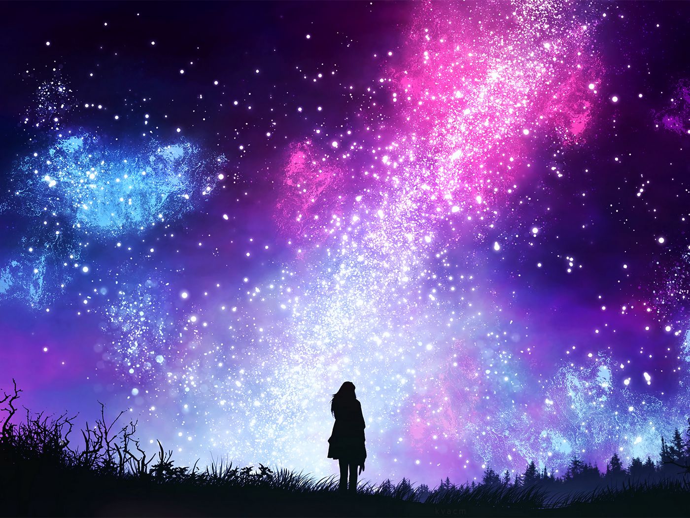 Download wallpaper 1400x1050 starry sky, silhouette, art, shine ...