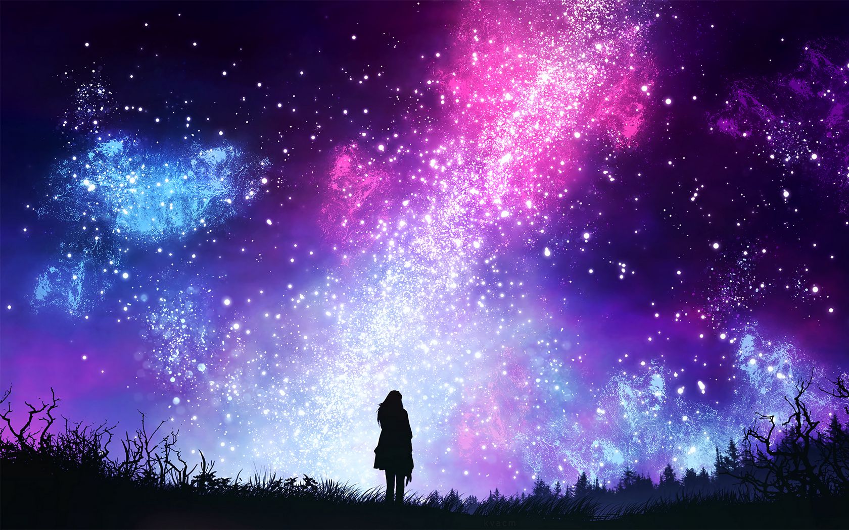 Download wallpaper 1680x1050 starry sky, silhouette, art, shine ...