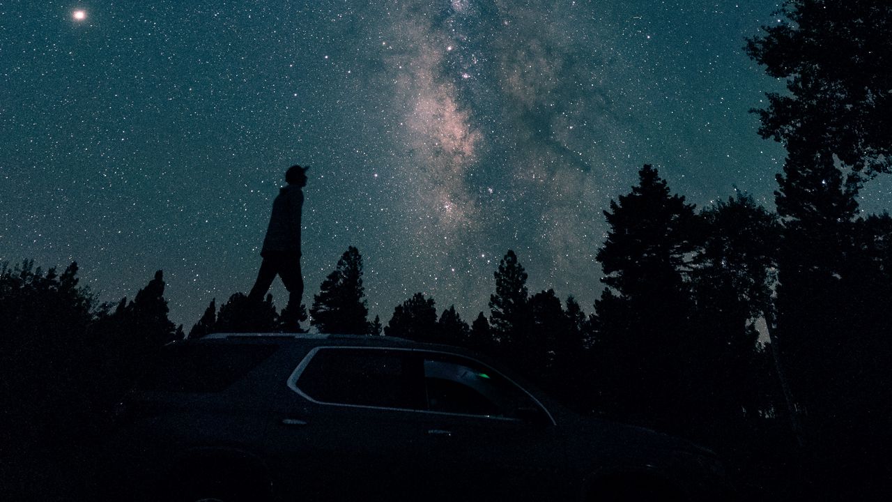 Wallpaper starry sky, silhouette, milky way, car, trees, night