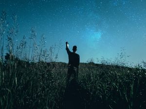 Preview wallpaper starry sky, silhouette, night, grass, field