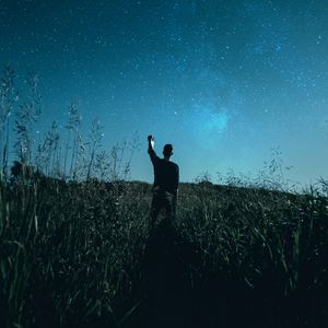 Preview wallpaper starry sky, silhouette, night, grass, field