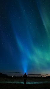 Preview wallpaper starry sky, silhouette, northern lights, loneliness