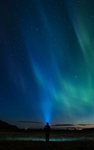 Preview wallpaper starry sky, silhouette, northern lights, loneliness