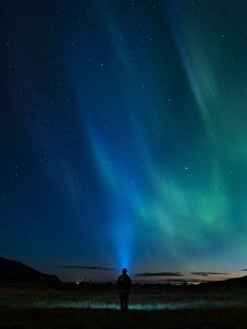 Preview wallpaper starry sky, silhouette, northern lights, loneliness