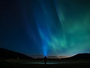 Preview wallpaper starry sky, silhouette, northern lights, loneliness