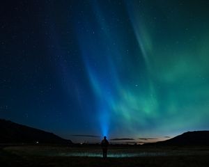 Preview wallpaper starry sky, silhouette, northern lights, loneliness
