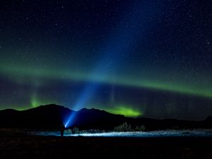 Preview wallpaper starry sky, silhouette, northern lights, loneliness, light, night