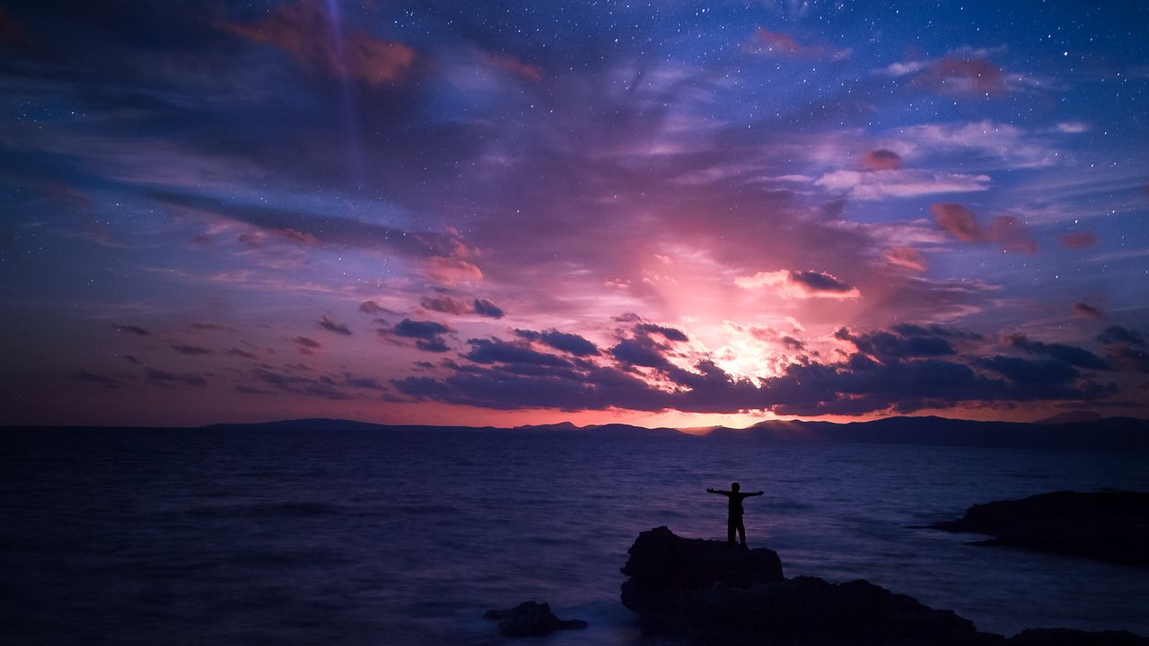 Wallpaper starry sky, silhouette, rock, sea, horizon, night