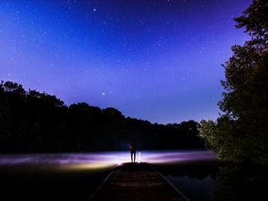 Preview wallpaper starry sky, silhouette, stars, night, fog