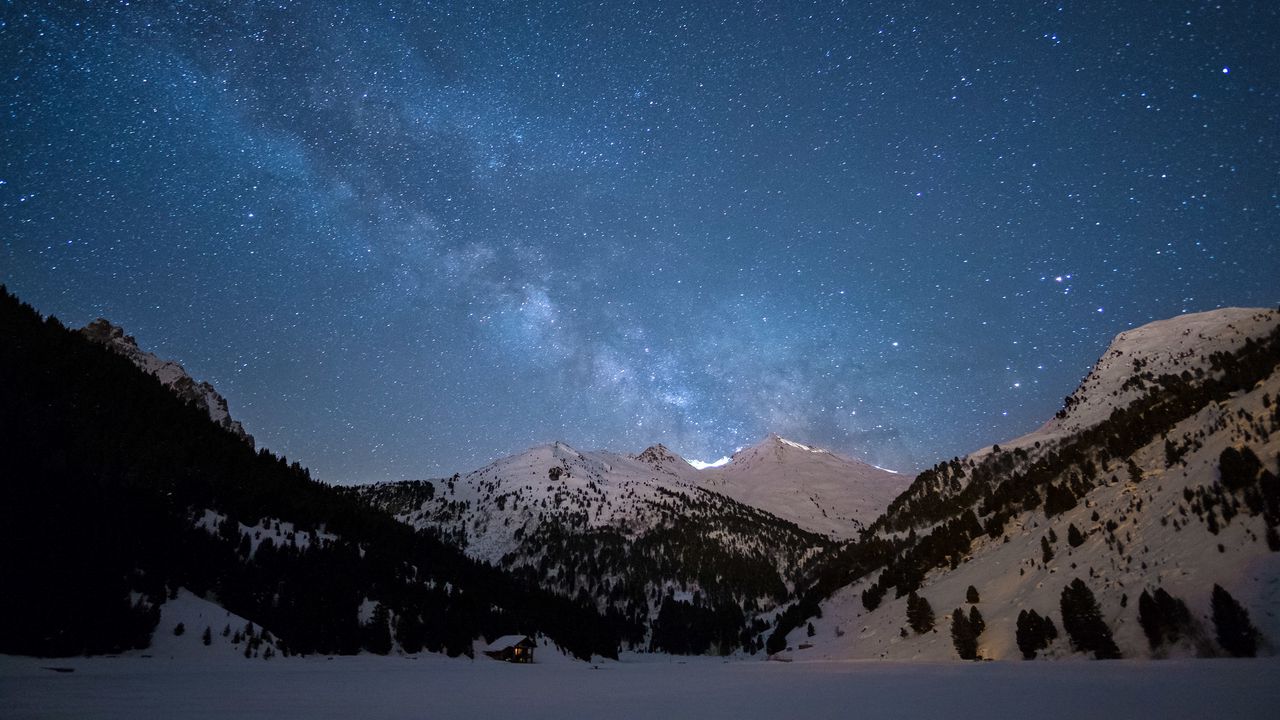 Wallpaper starry sky, space, mountains, snow