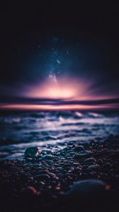 Preview wallpaper starry sky, space, stones, shore