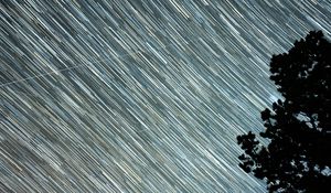 Preview wallpaper starry sky, starfall, stripes, trees, silhouette